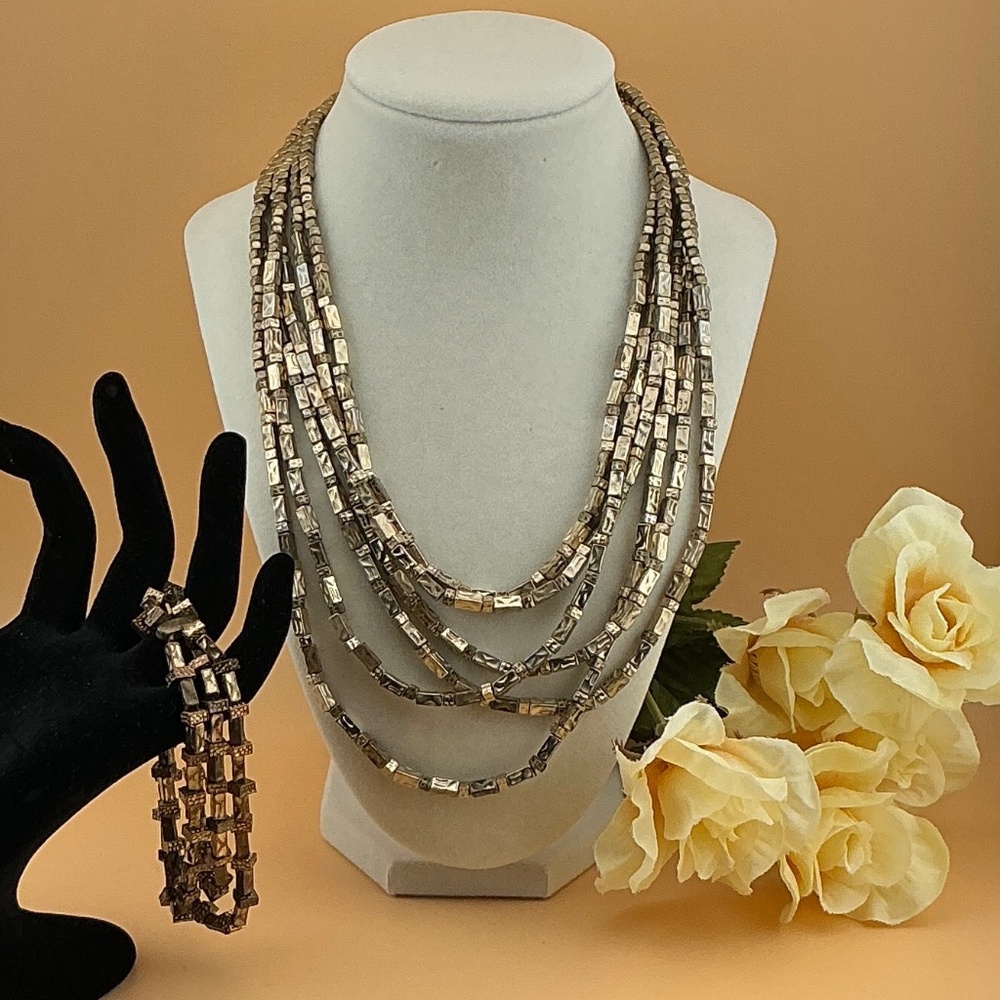 Signed CHICO’S Beaded Multi Strand Gold Necklace and Bracelet